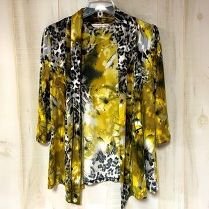 Peter Nygard Yellow Black White Abstract Pattern 3/4 Sleeve Open Cardigan Sz S